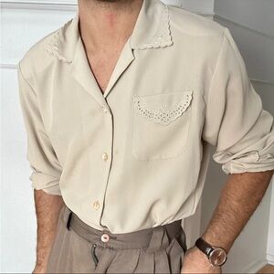 Cream Casual Button Down Shirt with Rolled Sleeves